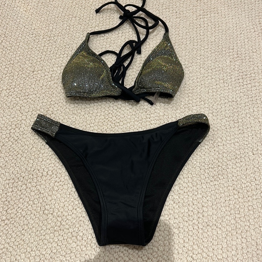 Black and silver metallic bikini set
